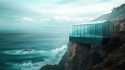 A modern glass structure perched on a rocky cliff, overlooking turbulent ocean waves under a moody sky.