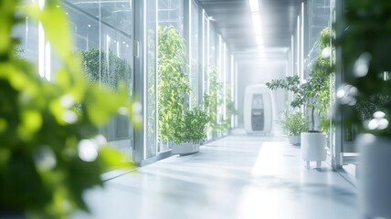 A modern, bright corridor lined with lush greenery and advanced technology, creating a serene and sustainable atmosphere.