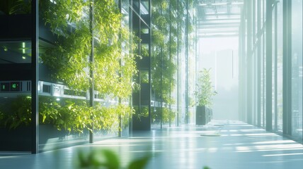 A serene, bright corridor featuring lush greenery along glass walls, creating a harmonious blend of nature and modern architecture.