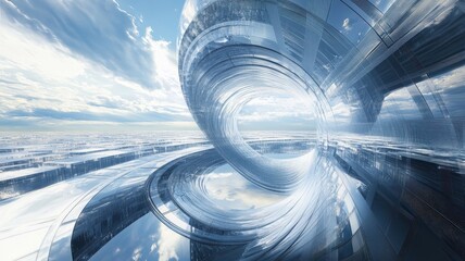 A futuristic, abstract landscape featuring swirling metallic structures against a backdrop of bright skies and ethereal clouds.