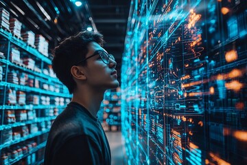 Digitally Empowered Warehouse Inventory Management Oversight with Organized Shelving and Product Rows