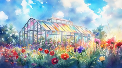 A colorful greenhouse surrounded by vibrant flowers under a bright blue sky, showcasing a serene and lively garden atmosphere.