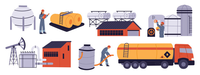 Oil petroleum industry elements. Gasoline extraction rig. Gas transportation and usage. Workers in uniform. Petrochemical storage tanks. Petrol pipes and barrels. Garish vector set
