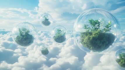 A serene landscape featuring floating glass bubbles containing lush greenery, set against a bright sky with fluffy clouds.