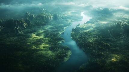 Lush greenery surrounds a winding river in a misty landscape at dawn