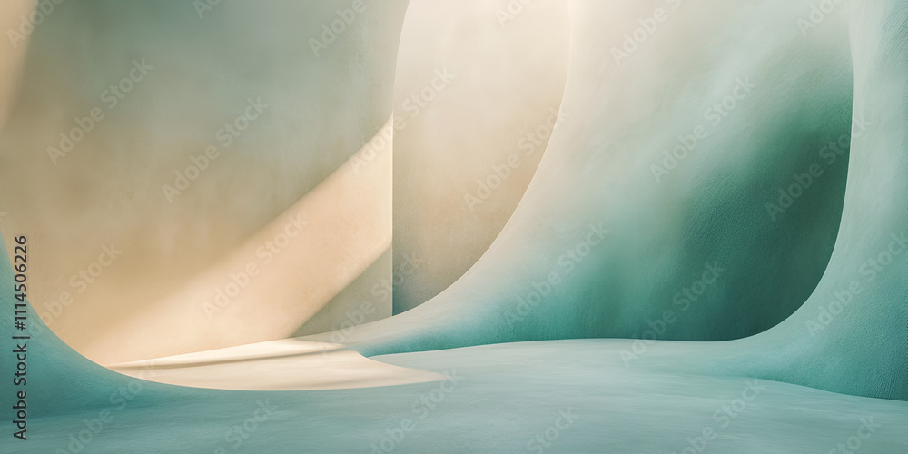 Poster Serene Teal and Beige Abstract:  Subtle curves and soft light create a calming, abstract backdrop. Perfect for showcasing products, branding, or adding a touch of serenity to your designs. 