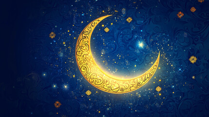Naklejka premium Golden crescent moon with ornate design on starry blue background