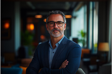 Fototapeta premium Well-dressed man set against a softly lit indoor background with bokeh lights