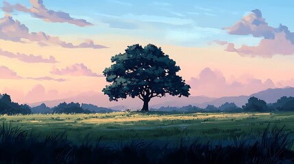 Fototapeta premium Solitary Tree in a Peaceful Sunset Meadow Landscape
