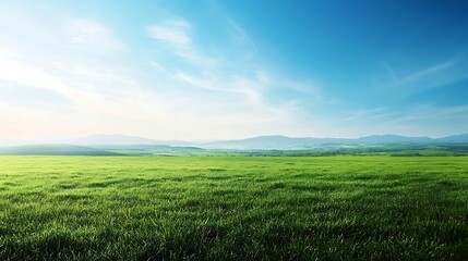 Obraz premium Serene Green Field Under a Blue Sky With Distant Mountains