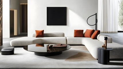 A modern living room with a black frame on a white wall, featuring a low modular sofa, a round coffee table, and abstract decor.