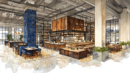 Modern restaurant interior design showcasing open space and natural materials in a vibrant urban setting