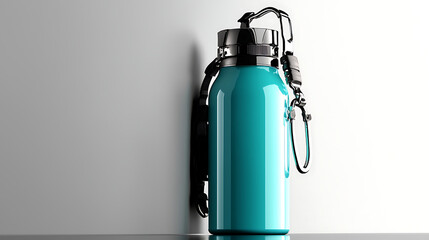 A blue container with a black handle sits on a white surface