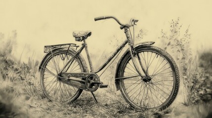 An old bicycle is beautifully rendered in pencil showcasing intricate details that capture its nostalgic essence against a soft background