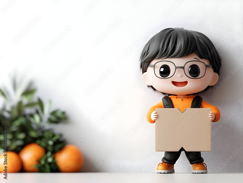 Poster Joyful and endearing 3D rendered animated persona grasping a simple uncomplicated and utilitarian four edged cardboard box positioned on a tidy uncluttered and unblemished white backdrop