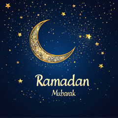 Naklejka premium Ramadan Mubarak text, greeting with golden crescent and stars
