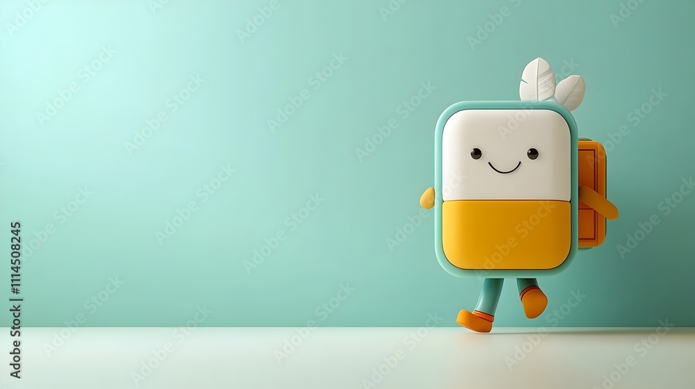 Poster friendly and approachable 3d rendered animated character carrying an unbranded square container with