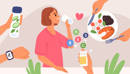 Healthy habits. Woman leads proper lifestyle. Young female takes vitamins and eats fresh food. Girl drinks water. Person does sport exercises. Smartwatch for training. Garish vector concept