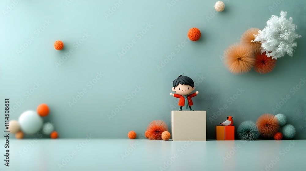 Poster 3d rendered of a playful cheerful protagonist character firmly gripping a plain cuboid cardboard con