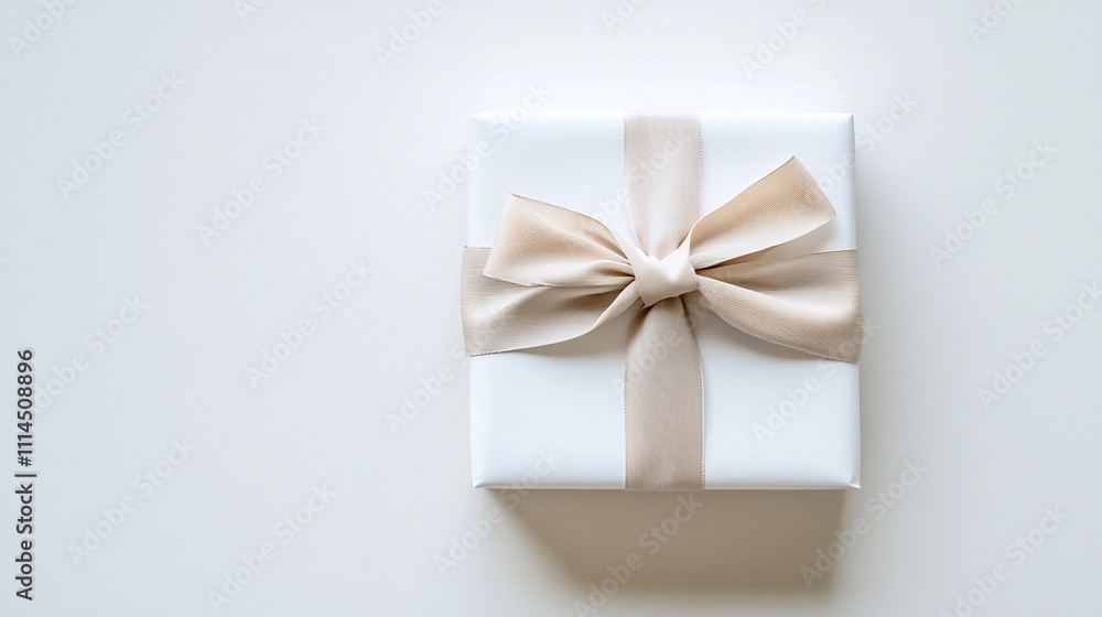 Poster minimalist and elegant white gift box wrapped in plain paper with a simple beige ribbon placed on a 