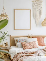 A modern boho bedroom with a natural wood blank frame above a bed, surrounded by wicker decor, colorful pillows, and a macramé throw.