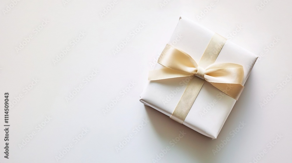 Poster a small elegant gift box wrapped in plain white paper with a simple beige ribbon placed on a clean w