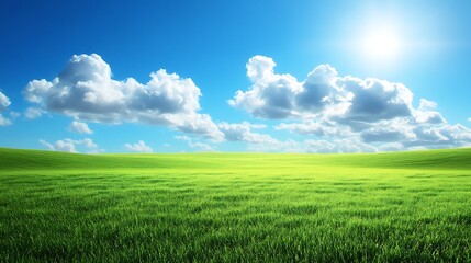 Fototapeta premium Sunny Day Green Field Under Blue Sky With Clouds