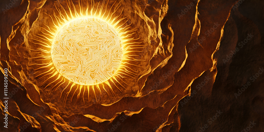 Poster cosmic birth: a mesmerizing abstract image of a glowing orb encased within swirling rock formations,