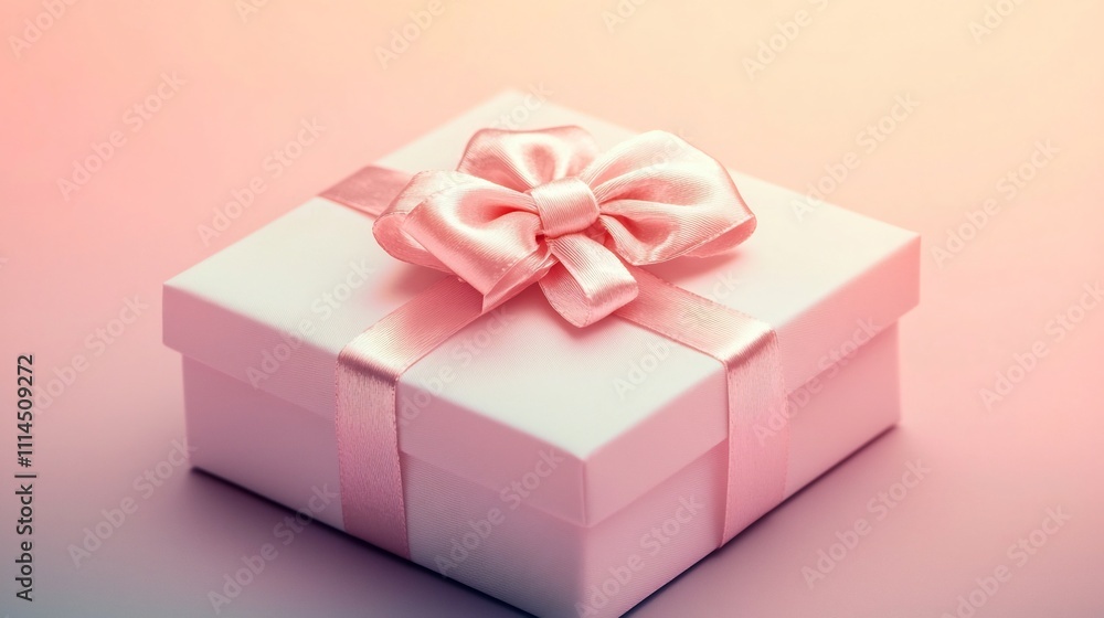 Poster a minimalistic photograph showcasing a square gift box in a soft pastel pink shade adorned with a sa