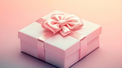 Obraz premium A minimalistic photograph showcasing a square gift box in a soft pastel pink shade adorned with a satin ribbon bow centered on a smooth gradient background