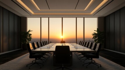 Fototapeta premium Modern Conference Room with Elegant Design at Sunset Offering Scenic View of City Skyline and Illuminated Interior Features for Corporate Meetings or Presentations