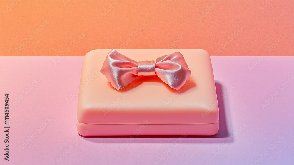 Poster minimalist pastel pink gift box with satin bow centered on a soft gradient background leaving plenty