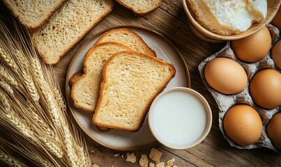 Naklejka premium Fresh eggs, milk, and bread arranged for a wholesome breakfast, highlighting nutritious ingredients made from wheat and dairy.