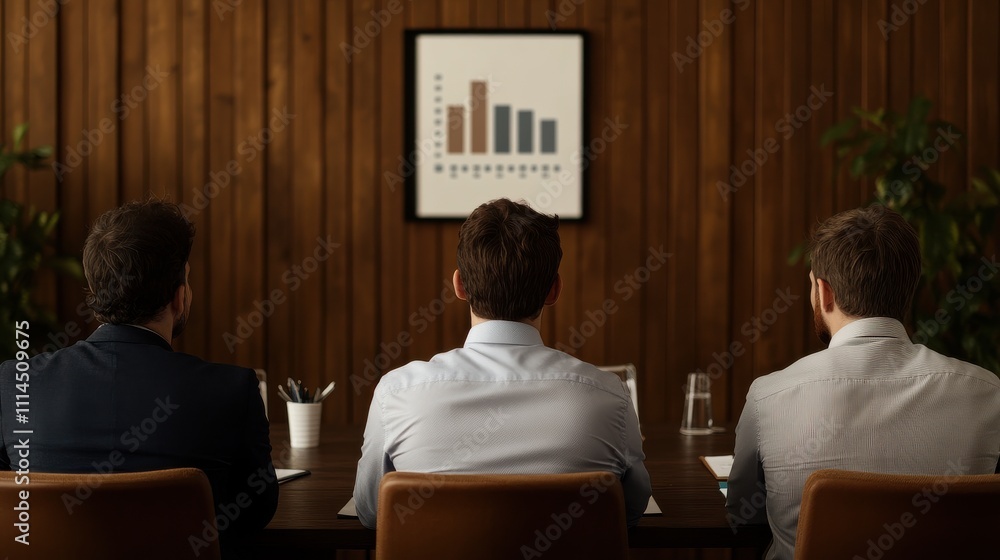 Poster professional team analyzing business growth metrics during meeting in modern office with wooden wall
