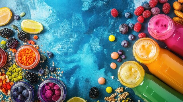 Colorful fruit smoothies and healthy ingredients on blue background.