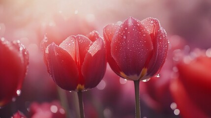 Obraz premium Red Tulips with Dew Drops in Springtime Field