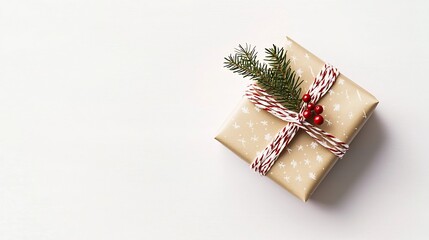 Closeup of a small gift box wrapped in minimalist kraft paper tied with red and white twine decorated with a tiny sprig of pine and a single red berry