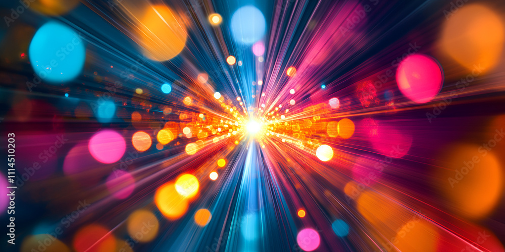 Poster vibrant light trails: abstract digital art depicting a mesmerizing explosion of colorful light rays,