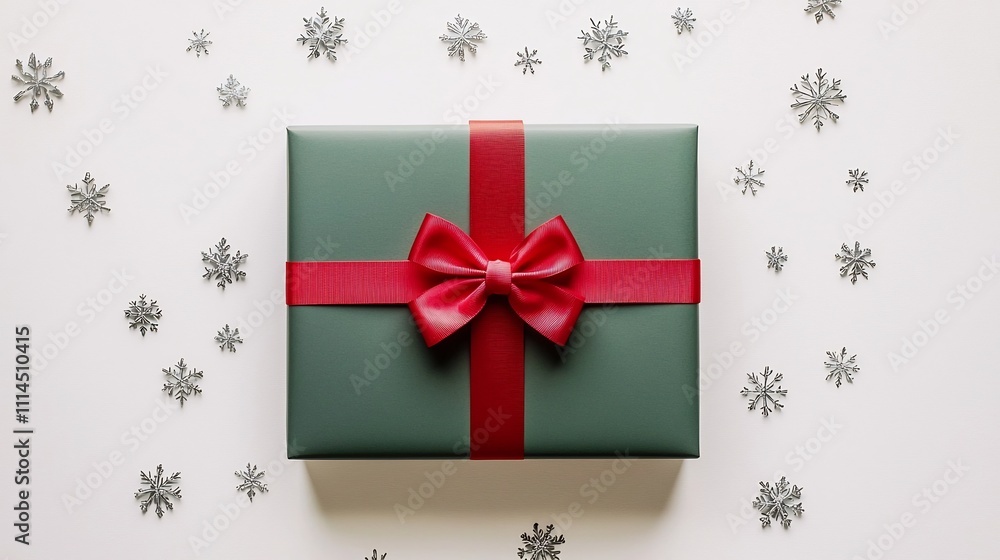 Poster minimalistic photograph of a matte green rectangular gift box with a simple red ribbon bow surrounde