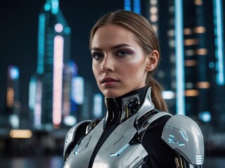 A woman in a futuristic 2100 setting, dressed in advanced, high-tech fashion, with sleek metallic accents and a vibrant, futuristic city backdrop
