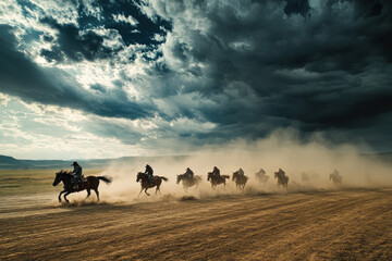 High-energy scene of cowboys driving a herd of horses through a dusty field under dramatic storm clouds in a rugged outdoor landscape