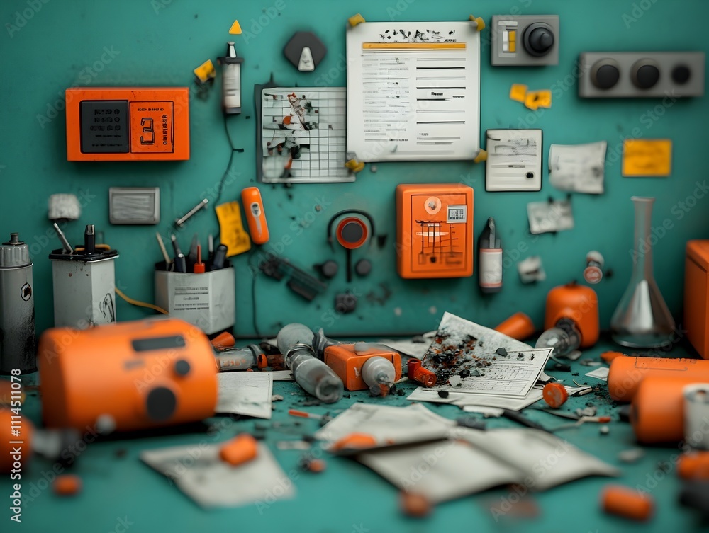 Poster the aftermath of a devastating lab accident with a chaotic jumble of damaged scientific instruments 
