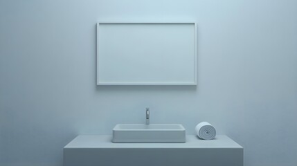 A minimalist bathroom with a empty white frame mounted on a pale gray wall above a sleek white sink and a single rolled towel