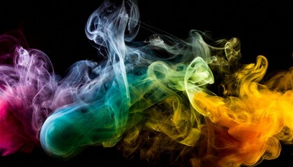 Colorful smoke art on a black background, featuring vibrant swirling patterns in shades of blue, green, yellow, orange, and pink. The abstract shapes create a dynamic and artistic flow, ideal for crea