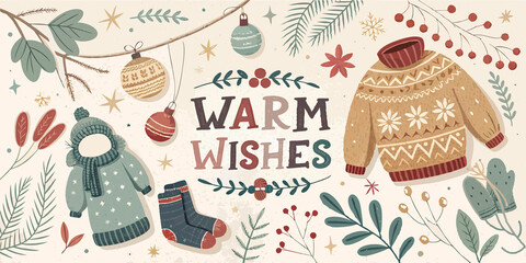 A warm Warm Wishes message sits in the center, bordered by cozy sweaters, mittens, and festive ornaments
