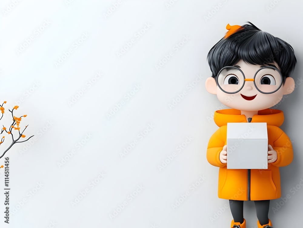 Poster charming animated character with an expressive and upbeat demeanor holding a simple cubic paper gift