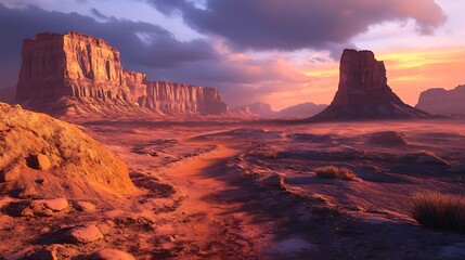 Naklejka premium Majestic Desert Landscape at Sunset Golden Hour