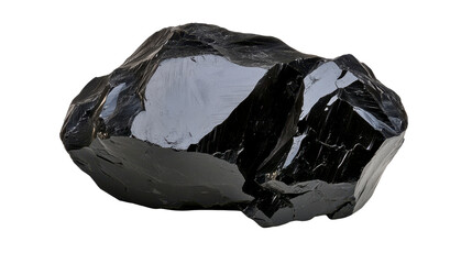 Shiny black obsidian rock glossy surface volcanic glass rough edges. Isolated on white background or PNG