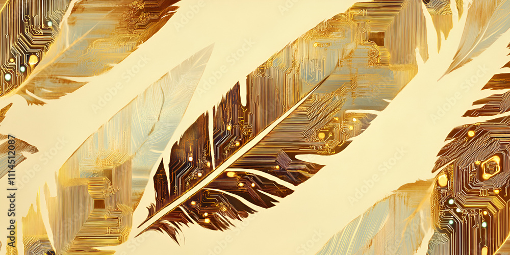 Aufkleber feathers of technology: abstract image of feathers with intricate circuit board patterns, a surreal 