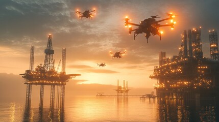 Obraz premium Drones surveying offshore oil rigs at sunset.